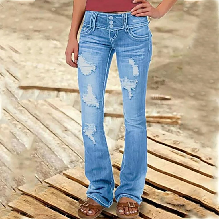 B91xZ Summer Pants Women Color High Women Elastic Denim Pocket Jeans Solid  Waist Slim Button Pants Women's Jeans Jeans For Women Light Blue,Size L
