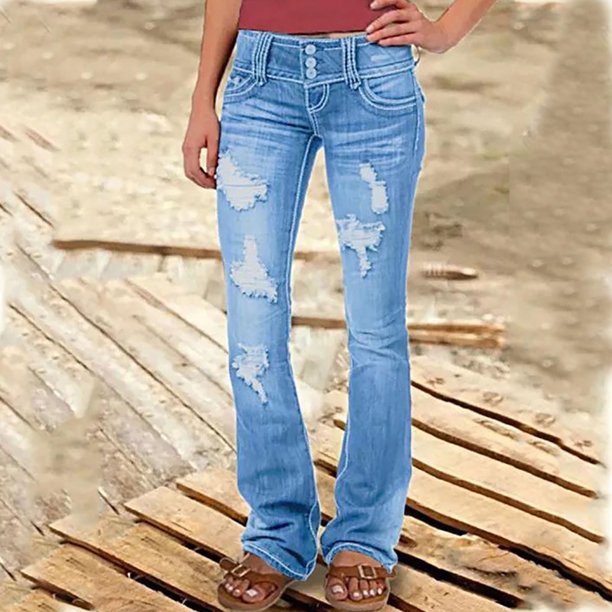 WILLBEST Jeans Mujer Pantalones Vaqueros Acampanados Elásticos para Mujer, de Mezclilla Desgastada a La Moda Con Estampado de Corazones, Ajuste Cómodo E Informal, Diseño Roto para Mujer. Chica