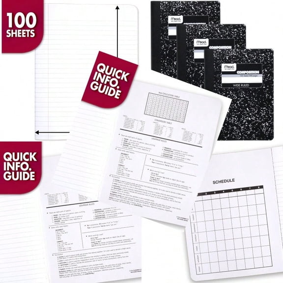 Composition Notebook 3 Pack Wide Ruled Paper 7-1/2 x 9-3/4 100 Sheets per Comp Book Black Marble 38301