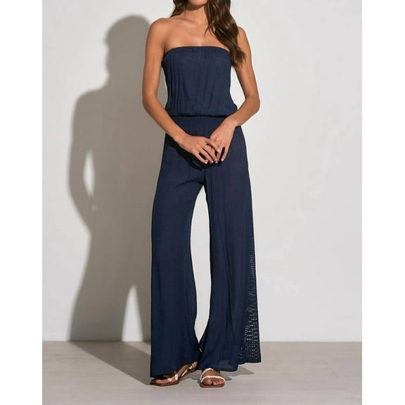 Elan NAVY Women's Crochet Panel Cover-Up Jumpsuit, US Large NWOT