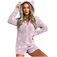 thumbnail image 2 of Feancey One Piece Pjs for Women Fleece Short Rompers Winter Sherpa Sleepwear Cute Dog Paw Print Onesie Pajama Bear Ear Hooded Jumpsuits Pink XL, 2 of 6