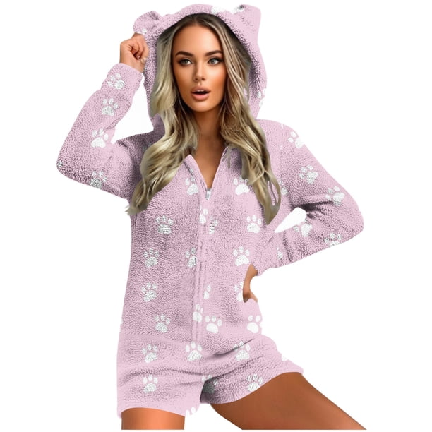 Mono cálido con capucha y orejas para mujer, estampado de manga larga, pantalones cortos, mono corto con cremallera, bolsillo, ropa de dormir, ropa de casa, tops de poliéster para mujer