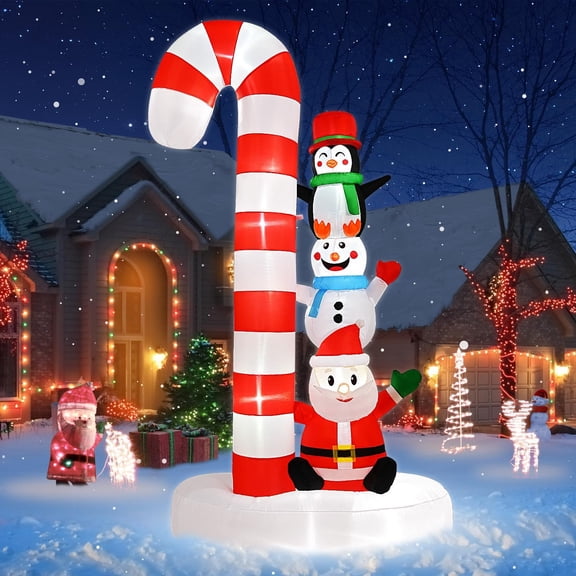 8 FT Christmas Inflatables Santa Claus Snowman Penguin with Candy Cane Outdoor Decoration Built-in LED Lights Cute Blow Up Christmas Decor for Xmas Party Holiday Yard