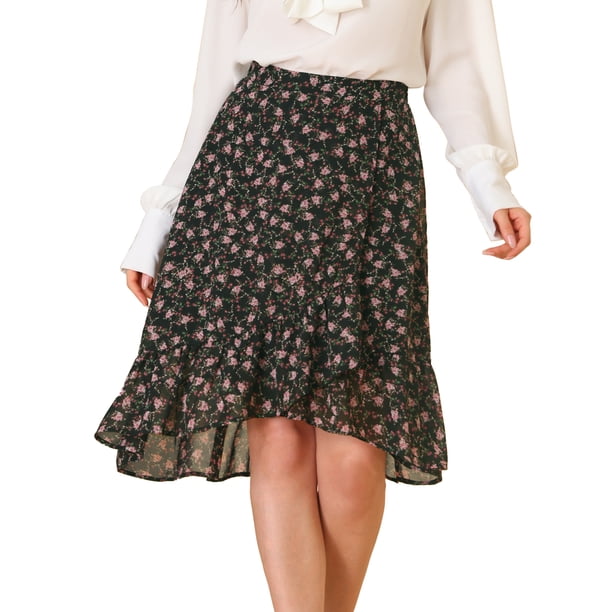 Allegra K Falda midi de gasa con cintura elástica irregular floral con volantes para mujer Negro XS Unique Bargains Falda