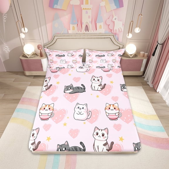 Full Cartoon Cat Bed Sheets Set for Kids Boys Girls,Lovely Cats Sheet Set,Love Heart Sheets,Cute Kitten Pet Animal Flat Fitted Sheet with 2 Pillowcases,Deep Pockets