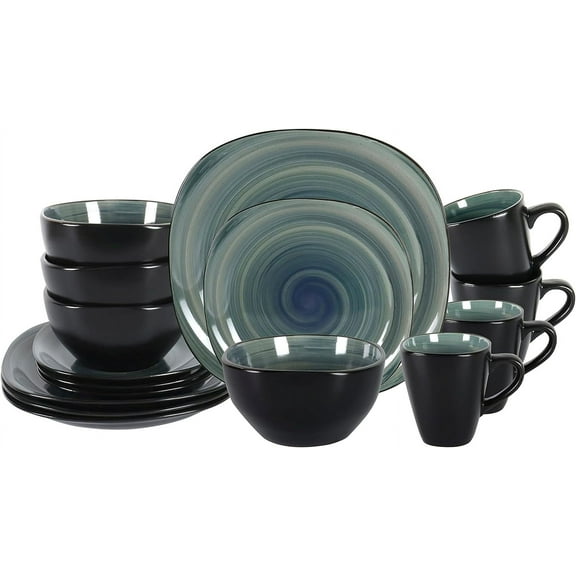 Stoneware Square 16pc Dinnerware Set, Inside Spinwaseh Swirl Blue Outside Black
