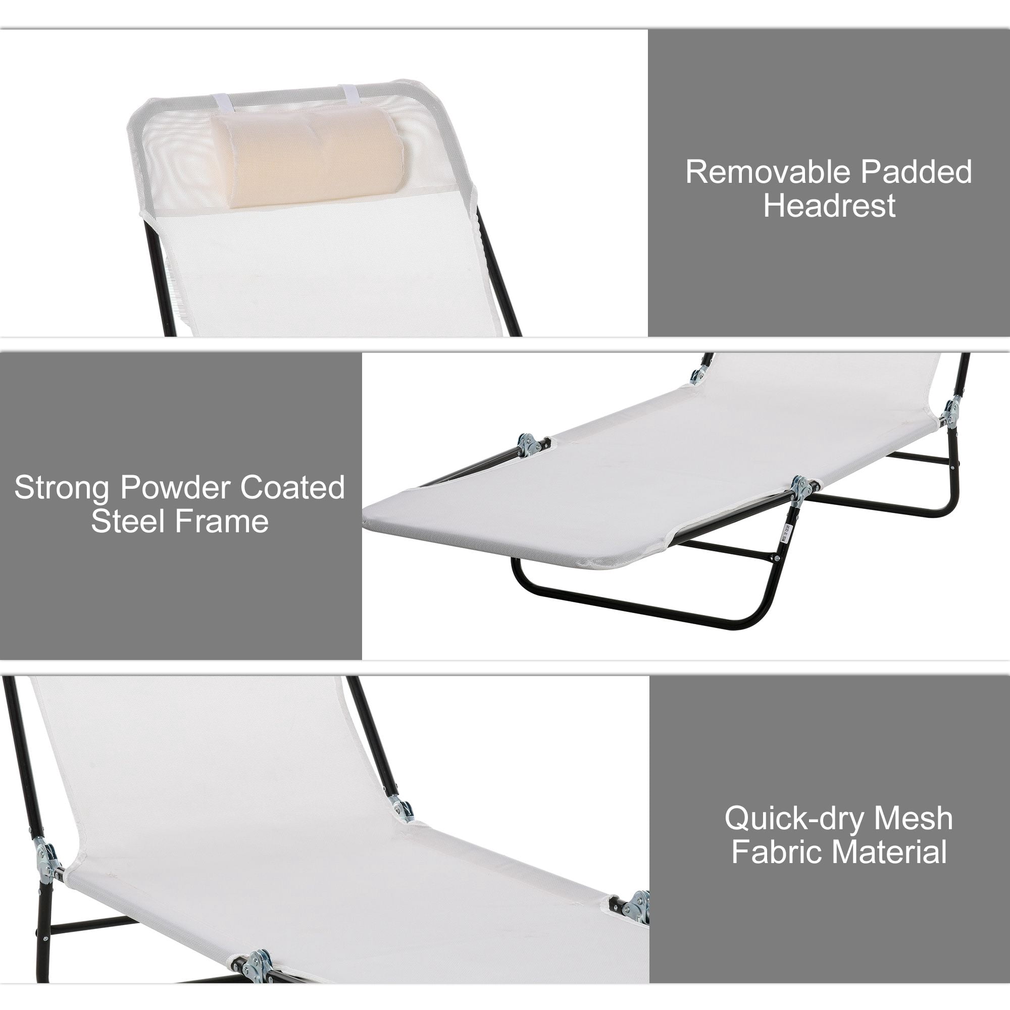 Folding Chaise Lounge Chair, Cream White, 5-Level Adjustable with Headrest, Breathable Mesh for Beach & Patio