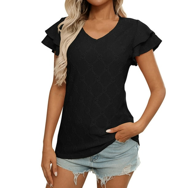 Camiseta de Manga Corta de Verano para las Mujeres de Moda de Color Sólido con Cuello en V, Top Casual de Poliéster, Lavado de Manos