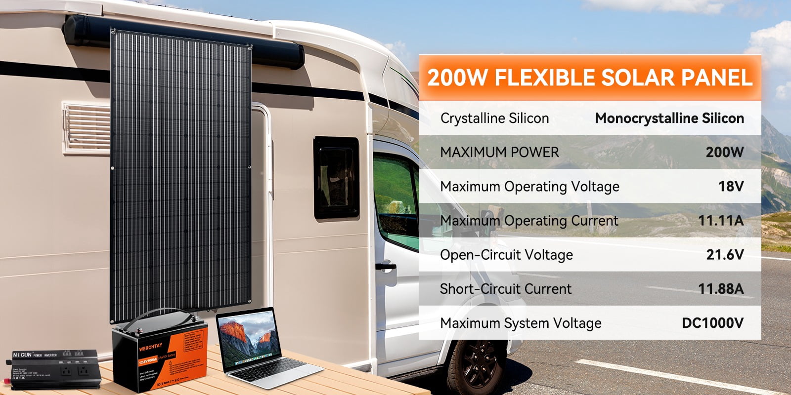 12V 200W Portable Flexible Solar Panel Mono Power RV Camping Home Boat Off-Grid