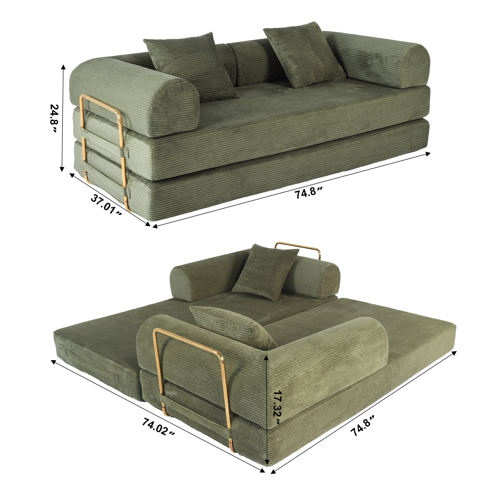 2-in-1 Foldable Sofa Bed 75 Inch Folding Couch Convertible Compressed Sleeper Sofabed Memory Foam Faux Fur Upholstered Cloud Couch Mattress Bed 2 Pillows Green