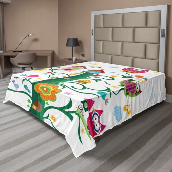 Ambesonne Colorful Flat Sheet, Owls on Tree with Dots, Queen Size, Multicolor