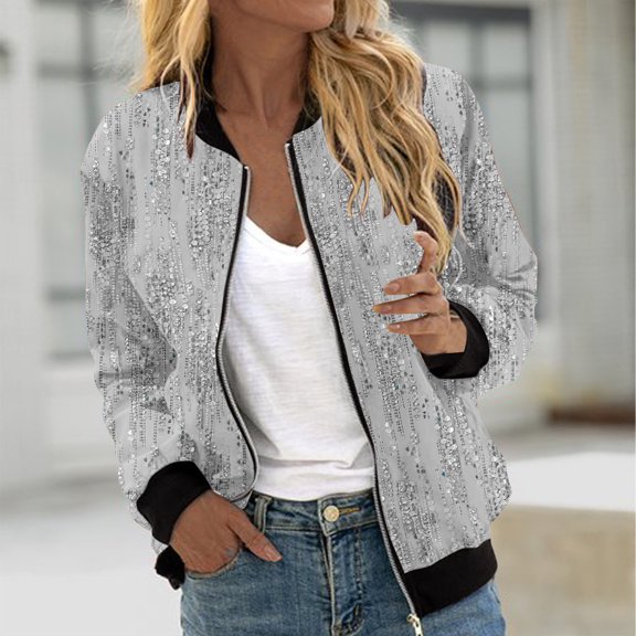 PNTUTB Women's Fashion Printed Zipper Pocket Long Sleeve Casual Jacket