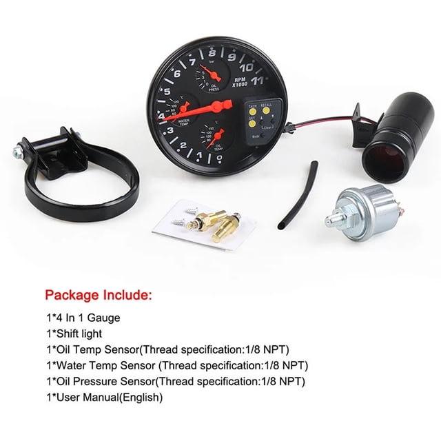 5inch Car Tachometer Oil Temperature Gague Oil Pressure Meter 4 in 1 Display