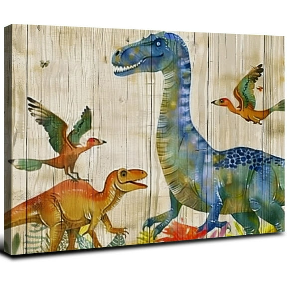 Nawypu Canvas Wall Art Decor Retro Dinosaur with Wood Background Dual View Animals Picture Prints for Kid's Room Wall Decoration (Dinosaur)
