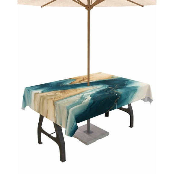 Fsddascl Teal Brown Outdoor Tablecloth - 54x80 Inch Rectangle Dining Table Cover, Modern Abstract Art Contemporary Waterproof Outdoor Table Cloth with Umbrella Hole & Zipper for Picnic/Patio/Party