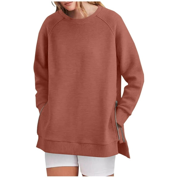 FAIWAD Oversized Sweatshirt for Women Crew Neck Long Sleeve Casual Side Slit Zipper Pullover Tops