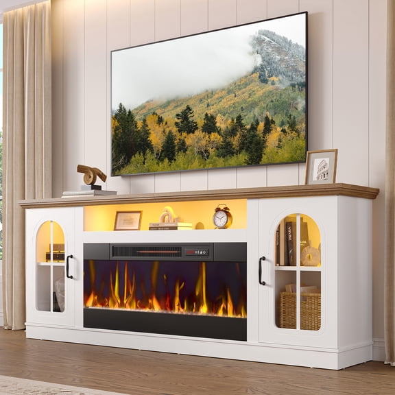 Bestier 70" Fireplace TV Stand with 36" Electric Fireplace, Farmhouse Entertainment Center for TVs up to 75", TV Console with LED Lights, Glass Door, Adjustable Shelves for Living Room, White