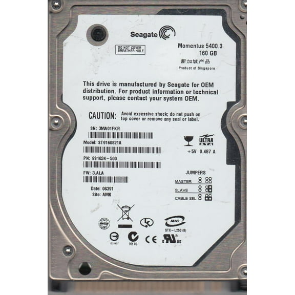 ST9160821A, 3MA, AMK, PN 9S1034-500, FW 3.ALA, Seagate 160GB IDE 2.5 Hard Drive