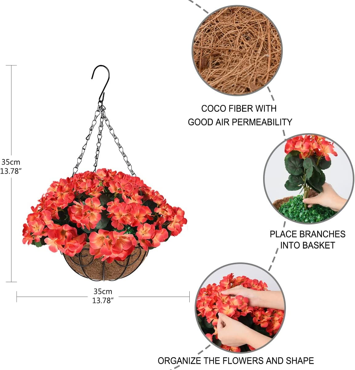 Artificial Flowers Hanging Basket for Outdoor Indoor Decor,Faux Silk Flower Arrangement,10 Branches Geranium with 12 Inch Coconut Lining Chain for Patio Decoration(Purple Orange)