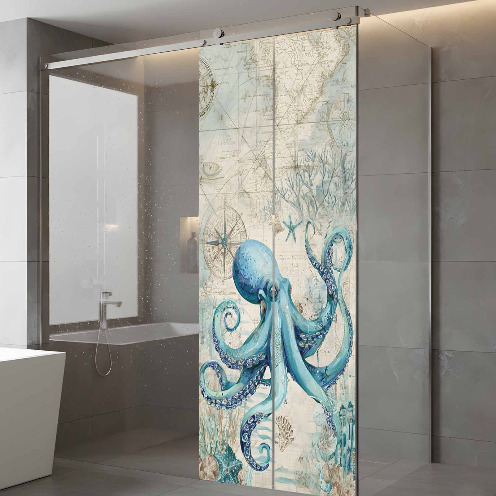Summer Nautical Window Privacy Film, Teal Octopus Ocean Corals Compass Retro Brown Frosted Glass Window Clings Static Cling UV Heat Blocking Reusable Door Sticker for Bathroom 23.6 x 59 Inch