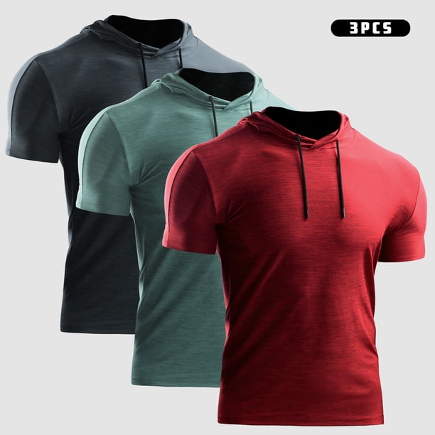 3 piezas de camiseta deportiva de verano para hombre, manga corta con capucha de color sólido