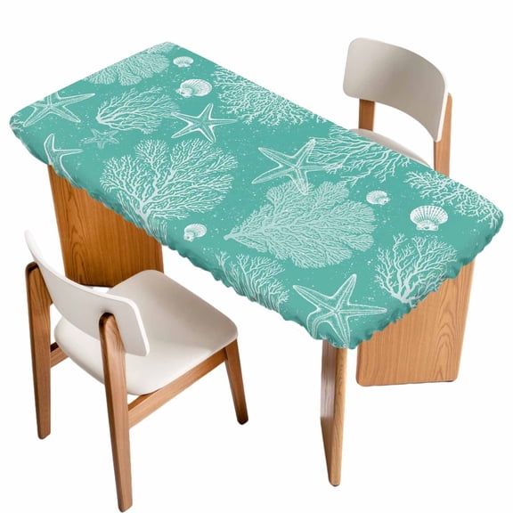 Teal Coastal Table Cloths for 5 Foot Rectangle Tables, Starfish Coral Summer Beach Ocean Patio Waterproof Elastic Fitted Tablecloths, Washable Rectangular Table Cover for Camping