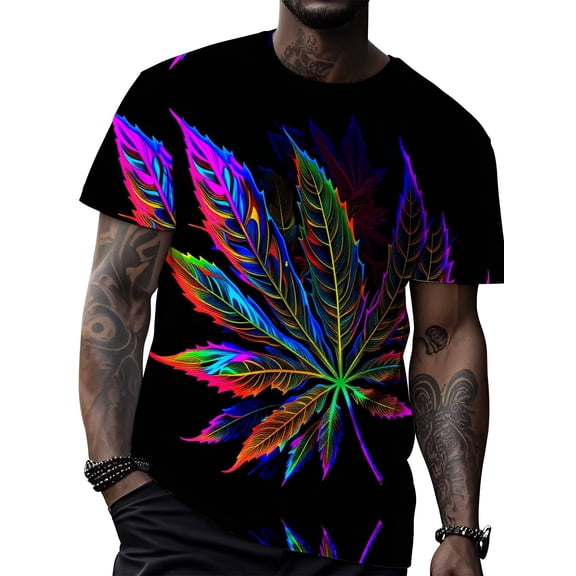Leaf print T-shirt, black rainbow colorful weed pattern, men's casual street fashion summer wear, plus size