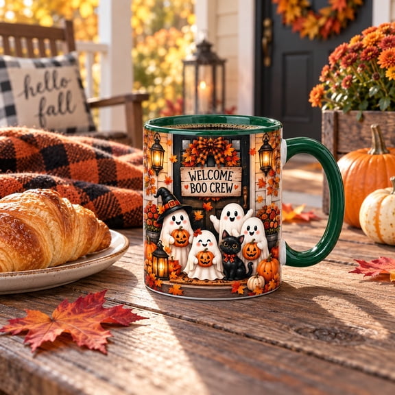 Coffee Mug with Cute Ghost Front Porch Scene, Dark Green Rim and Handle for Fall Drinks, Halloween Hostess Gift