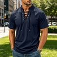 thumbnail image 2 of hoksml Men's Stand Collar Lace Up Short Sleeve T-Shirt, Cross V-Neck Drawstring Loose Cut Casual Top in Solid Colors, 2 of 9