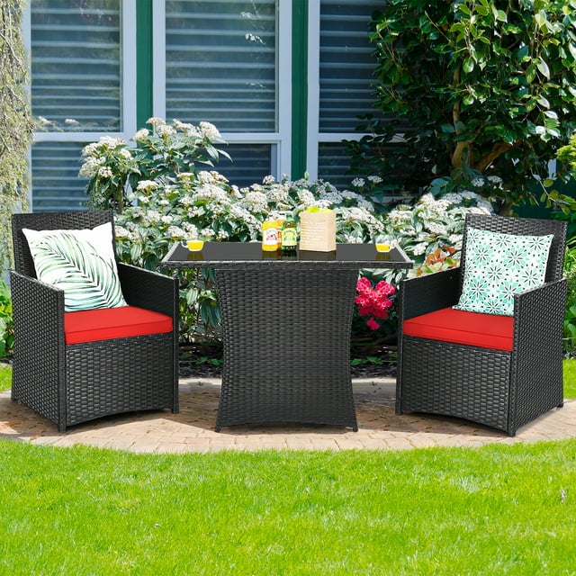 Costway Ensemble de Mobilier de Terrasse en Rotin 3 Pcs Coussin Canapé Accoudoir Jardin Terrasse Rouge