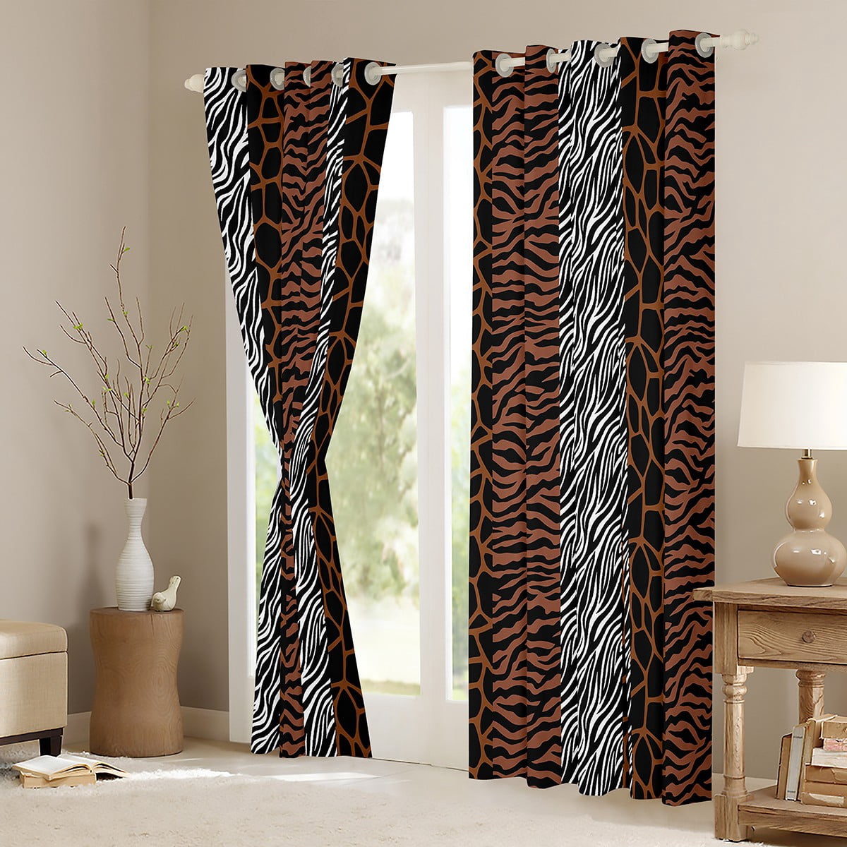 Homewish Cheetah Leopard Print Curtains Pack of 2 (42x84 Each), Brown Grey Fashion Stripes Curtains Blackout, Teens Adult men Women Bedroom Curtains, Living Room Curtains Decor