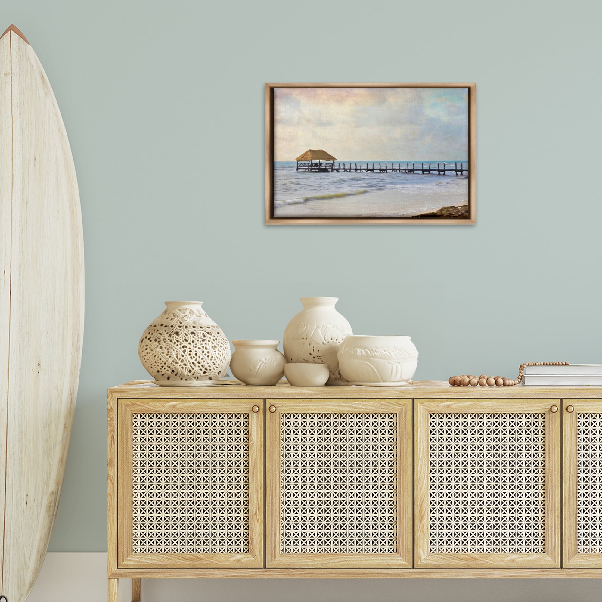 Stupell Industries Paradise Pier Shoreline Nautical & Beach Painting Brown Floater Framed Canvas Art Print Wall Art, 25 x 17