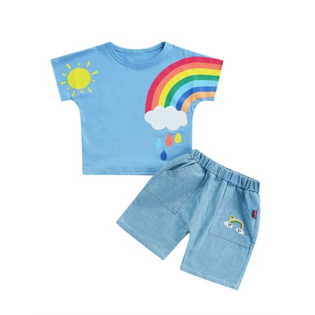 

aturustex 1-6T Toddler Baby Boys Girls Summer Outfits Short Sleeve Pullover Top Rainbow Shirt Elastic Waist Denim Shorts Set