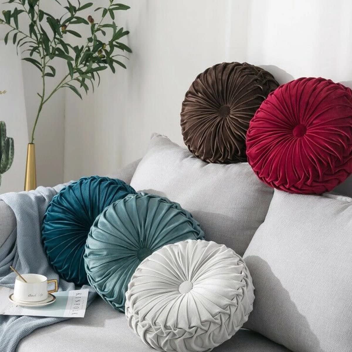 Ejiaya Round Velvet Pillow for Couch Small Handmade Decorative Throw Pillow for Bed Bedroom 13.7