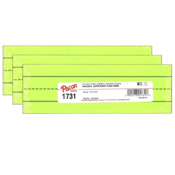 Pacon Super Bright Flash Cards, 5 Assorted Colors, 1-1/2" x 3/4" Ruled 3" x 9", 100 Cards