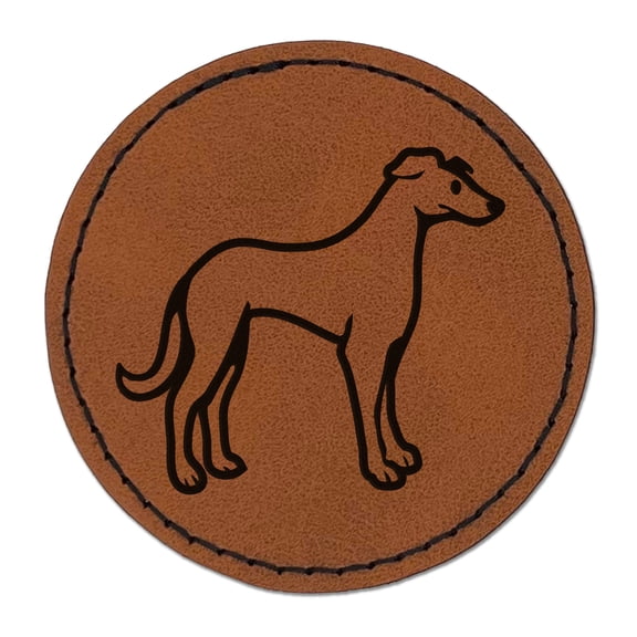 Speedy Lanky Greyhound Dog 2.5" Faux Leather Round Engraved Iron-On Patch - Brown