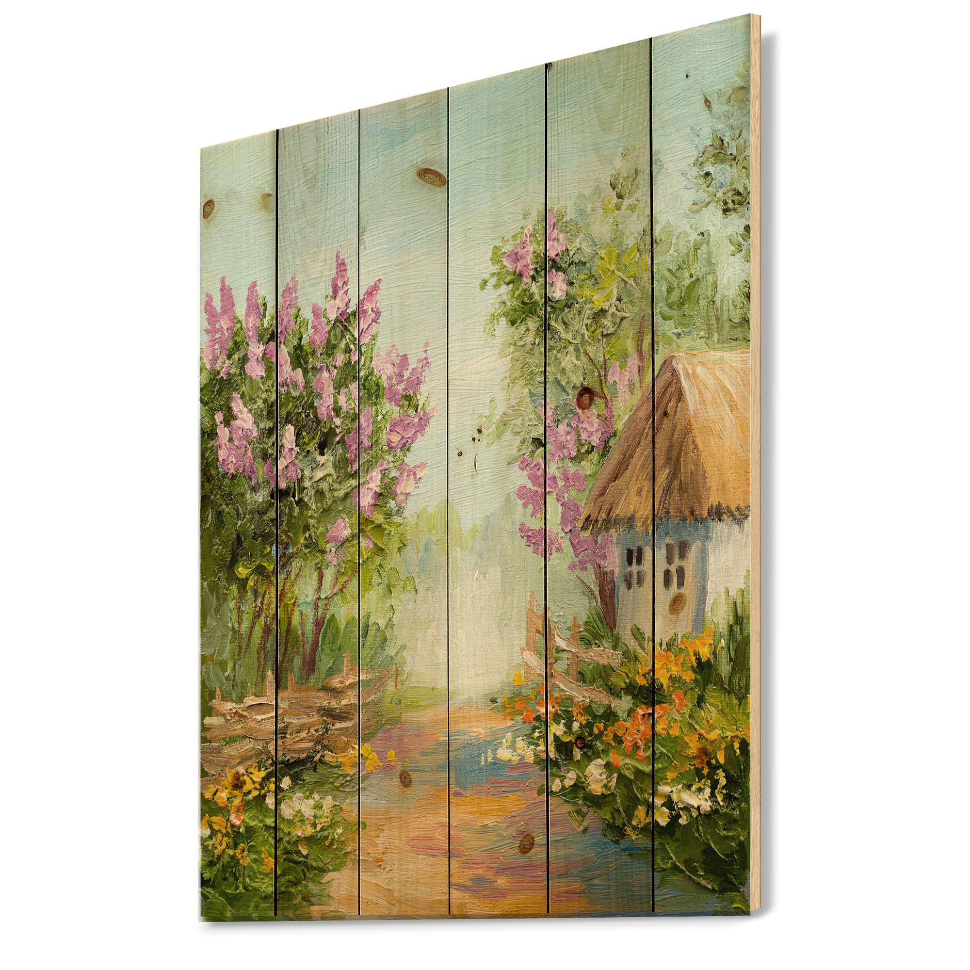 Designart 'Little House In The Blossoming Flowers Forest' Lake House Print on Natural Pine Wood