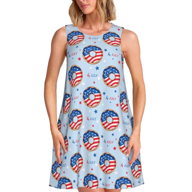 Disketp Donut with the USA Fag para Vestido sin Mangas para Mujeres, Vestidos de Verano para Mujeres, Casual y Holgado para la Playa