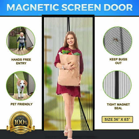 Magnetic Screen Door Mesh with Heavy Duty Mesh Curtain and Full Frame Hook&Loop Magic mesh instant screen door for front door and home outside Fits Door Size up to 36