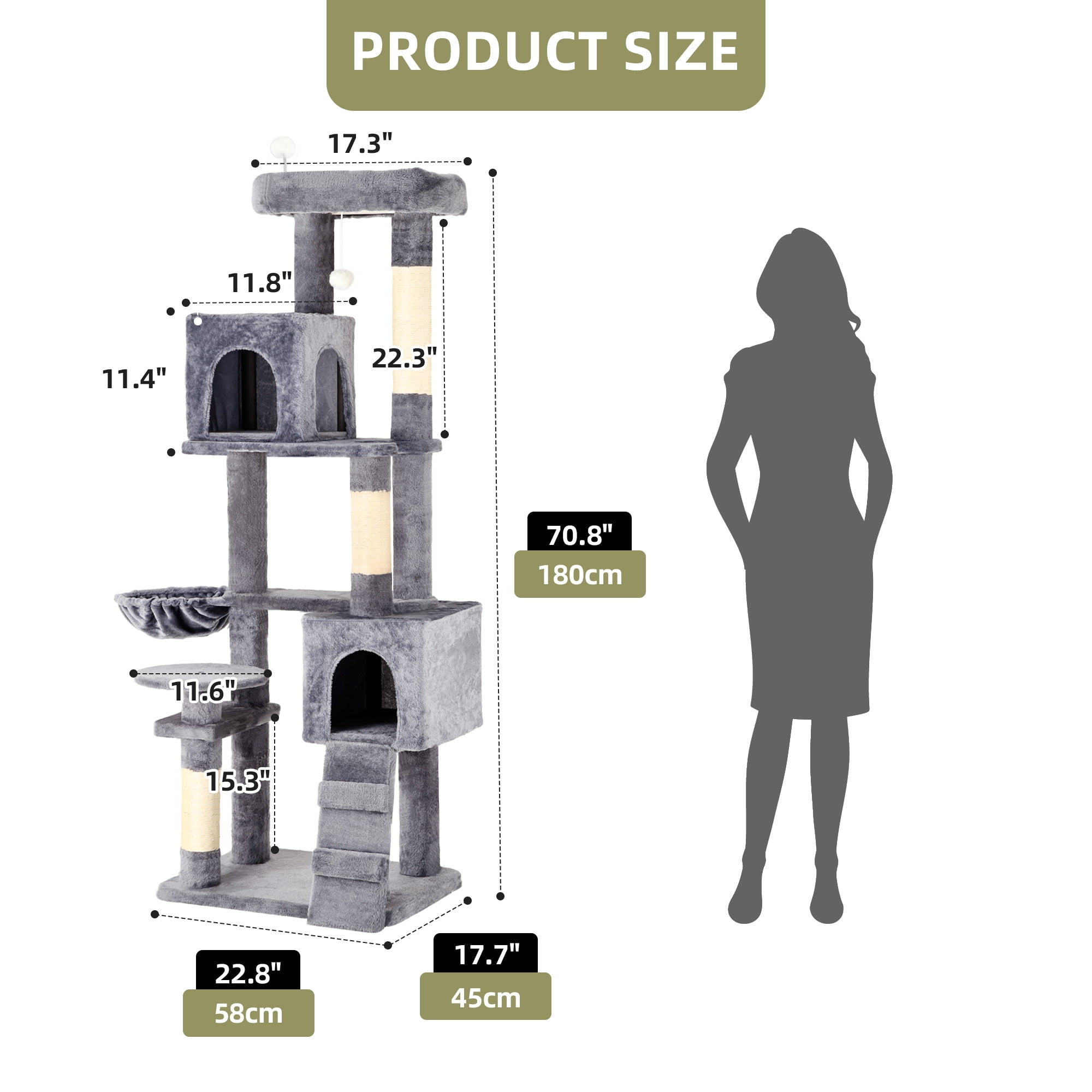 Uforic 70" Cat Tree Condo Multi-Level Tower with  Scratching Posts &Cozy Basket for Indoor  Cats, Light Gray