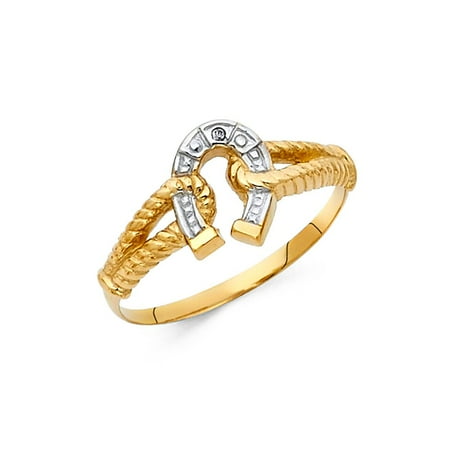 Horseshoe Italian Charm - Rope Shank 14k Two Tone Solid Italian Gold 10mm Horseshoe Good Luck Charm Symbol Ring Band Ring Size 7.5 Available All Sizes