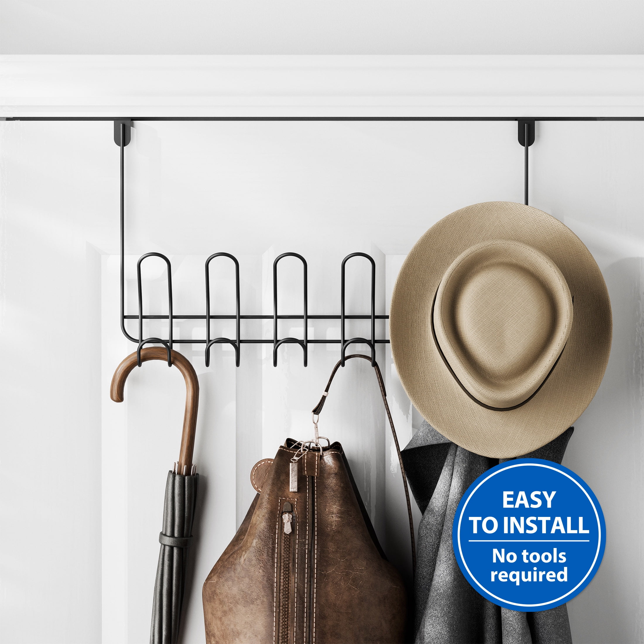 Mainstays Over-the-Door 6-Hook Rack, Hanging Storage for Towels, Robes, No Drilling, Matte Black