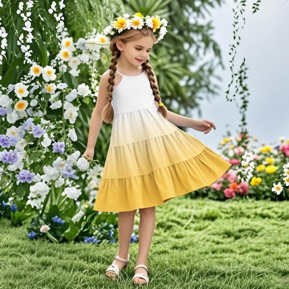 Nmnitkp Girls Dress Boho Gradient Girl Dresses Flutter Sleeve Tiered A Line Summer Dresses with Pockets Yellow,9 Years