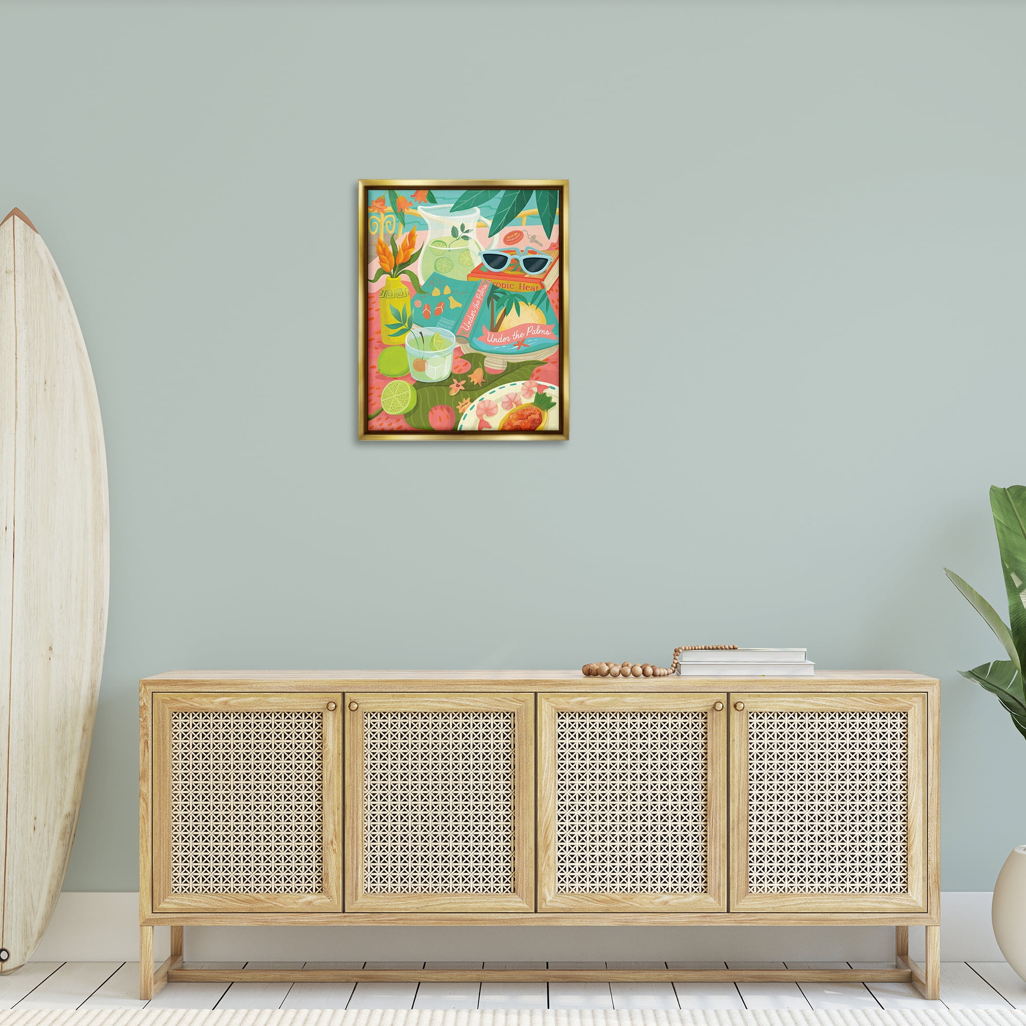 Stupell Industries Tropical Drinks on Beach Food & Beverage Painting Gold Floater Framed Canvas Art Print Wall Art, 25 x 31