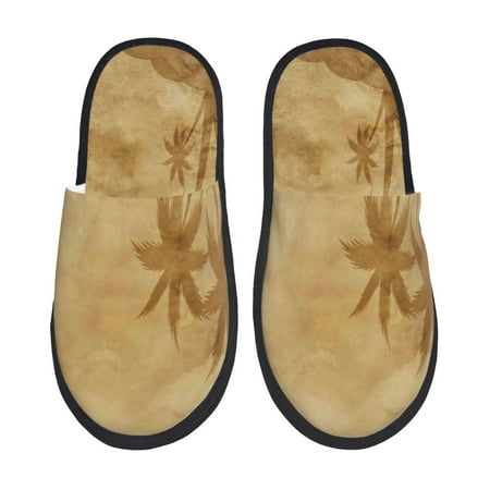Balery Retro Palm Tree Slient Indoor Furry Fleece Comfort House Shoes Soft Non-Slip Home Shoes Cotton slippers House Slippers-- Large