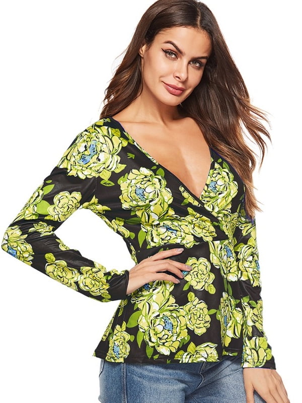 deep v neck printed blouse