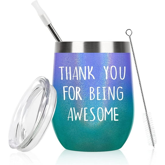 Thank You for Being Awesome Wine Tumbler, Birthday Christmas Friendship Thank You Gift for Women Friend Coworkers Sisters Her, 12 Oz Stainless Steel Insulated Wine Tumbler with Straw, Rainbow Color