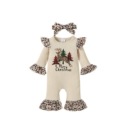 

Caitzr Baby Leopard Print Clothes Set Christmas Long Flared Sleeve O-neck Jumpsuit Bow-knot Headband