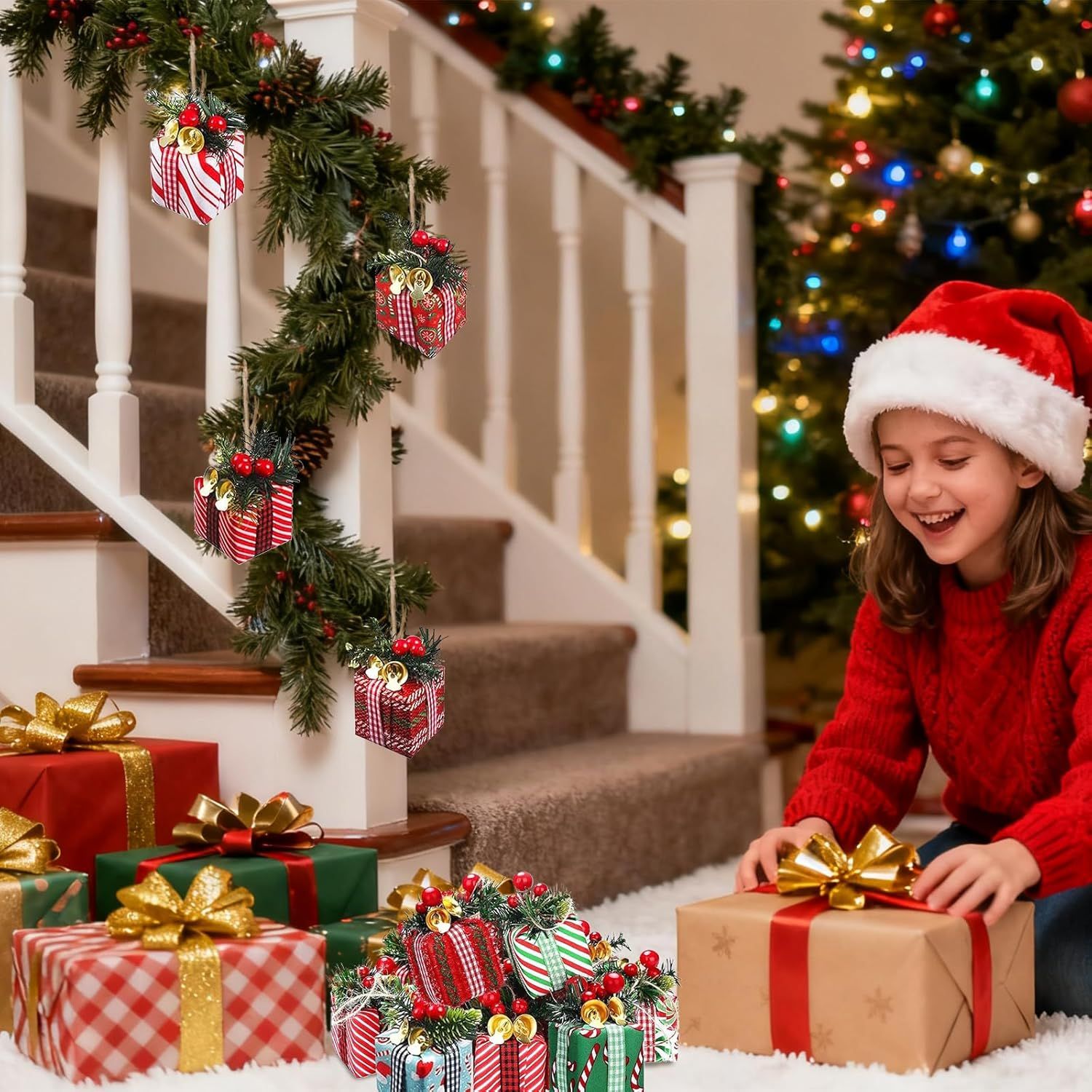 15Pcs Christmas Tree Mini Gift Boxes Christmas Tree Hanging Decorations with Bells Christmas Indoor and Outdoor Ornaments Festive Decoration