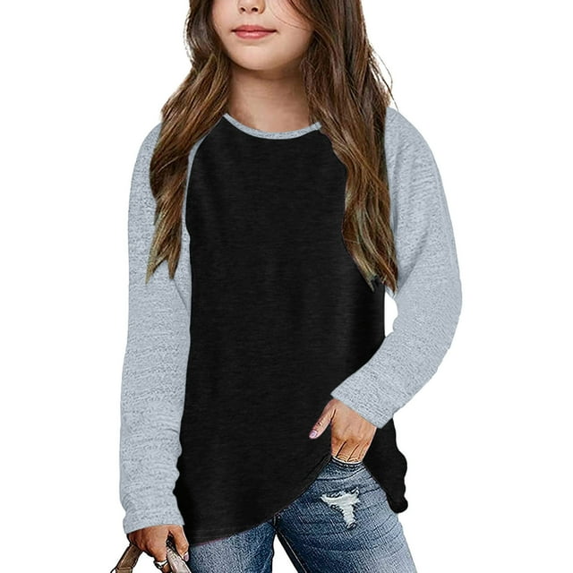 Girls Casual Long Sleeve Raglan Tops for Kids - Crewneck Tunic Tees with Color Block Design Soft Tops for Spring